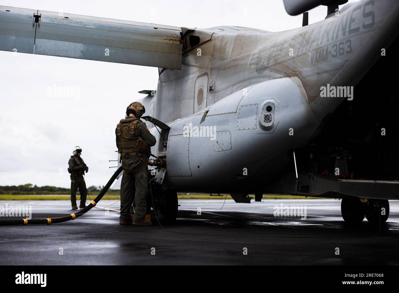 U.S. Marines with Marine Medium Tiltrotor Squadron 363 (Reinforced), Marine Rotational Force - Darwin 23, refuel an MV-22B Osprey tiltrotor aircraft during Exercise Talisman Sabre 23 at Mackay Airport, Queensland, Australia, July 24, 2023. Talisman Sabre is the largest bilateral military exercise between Australia and the United States, with multinational participation, advancing a free and open Indo-Pacific by strengthening relationships and interoperability among key Allies and enhancing our collective capabilities to respond to a wide array of potential security concerns. (U.S. Marine Corps Stock Photo