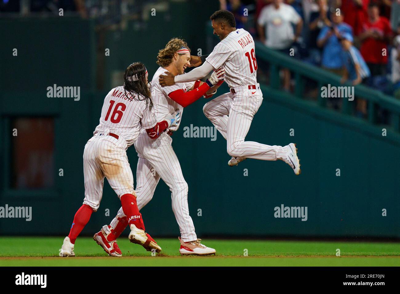 Philadelphia Phillies' Alec Bohm (28) celebrates with Brandon Marsh after  scoring a home run in the sixth inning of a baseball game against the  Atlanta Braves, Sunday, Sept. 18, 2022, in Atlanta. (