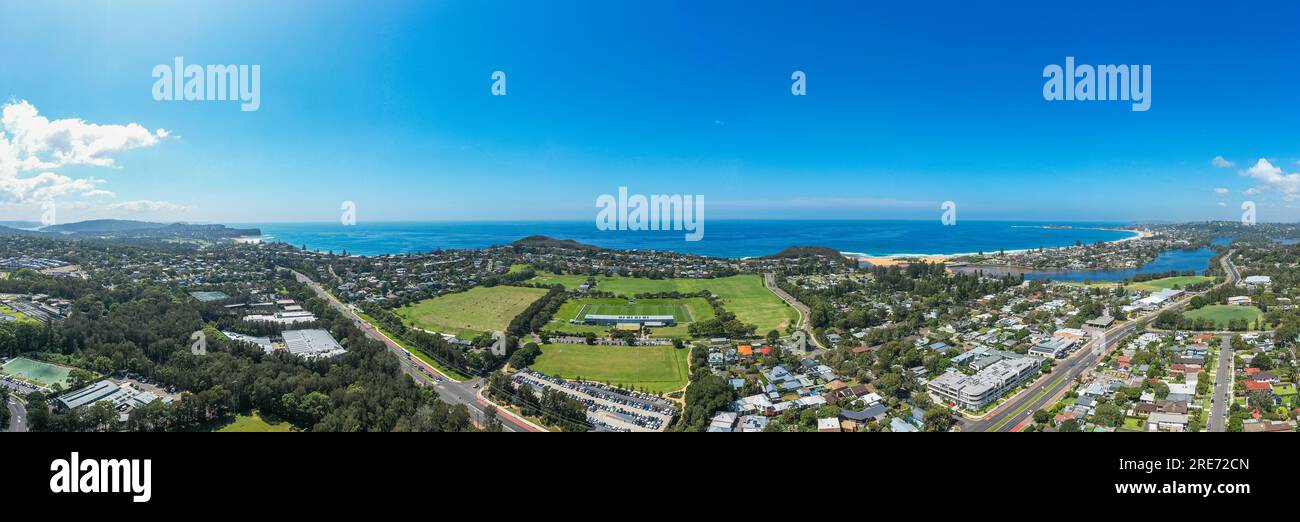 Aerial drone panoramic view of Warriewood in the Northern Beaches area, including view of the Narrabeen beach, Turimetta beach and Warriewood beach in Stock Photo