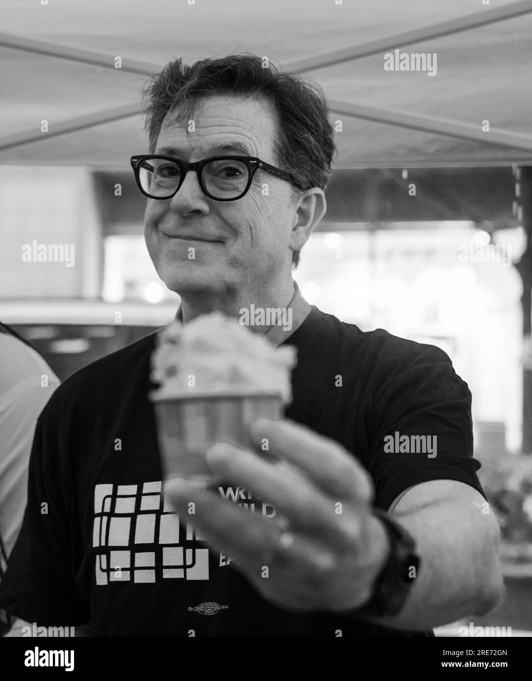 Stephen Colbert serves ice cream to striking members of Writers Guild