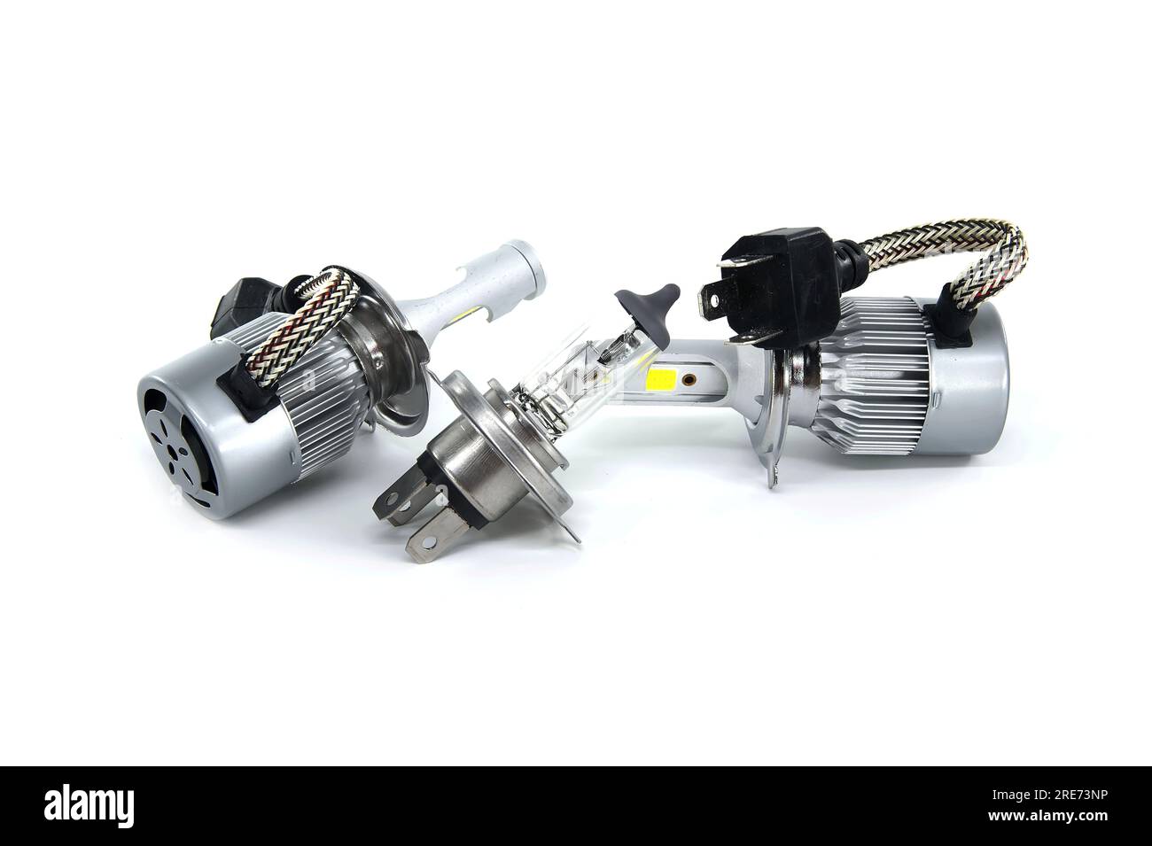 H4 halogen lamp and LED headlight bulbs isolated on white background