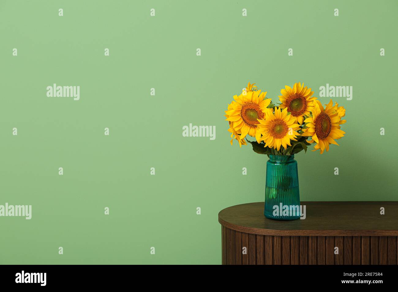 https://c8.alamy.com/comp/2RE75R4/vase-with-beautiful-sunflowers-on-table-near-green-wall-in-room-2RE75R4.jpg