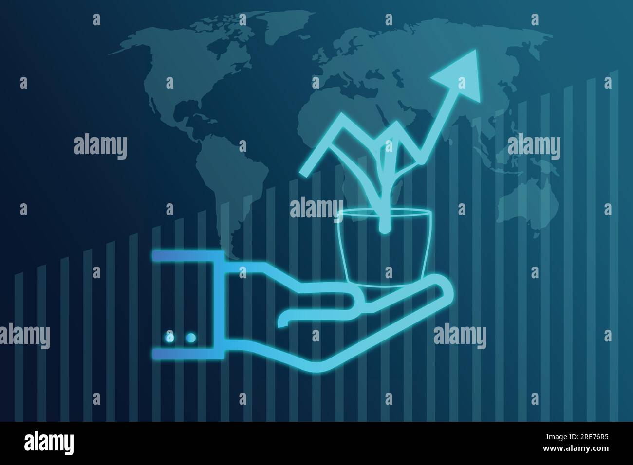 Businessman hand holding plant with growing arrow on world map ...