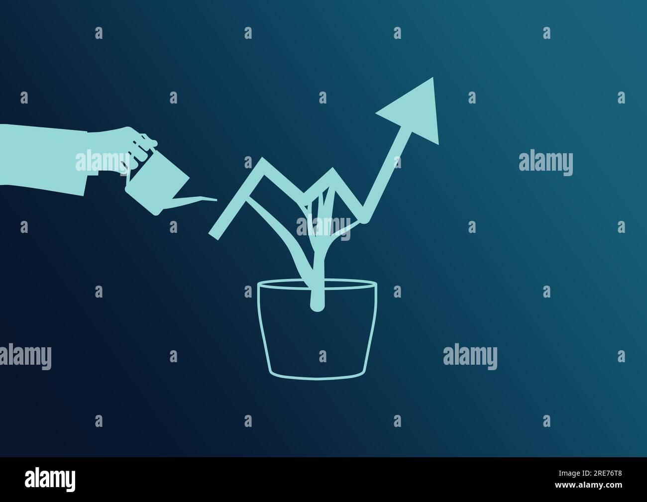 Hand watering a plant in a pot Vector illustration. Growth Business