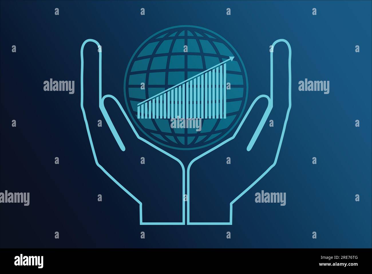 Hands holding a Business graph chart with globe icon on blue background ...