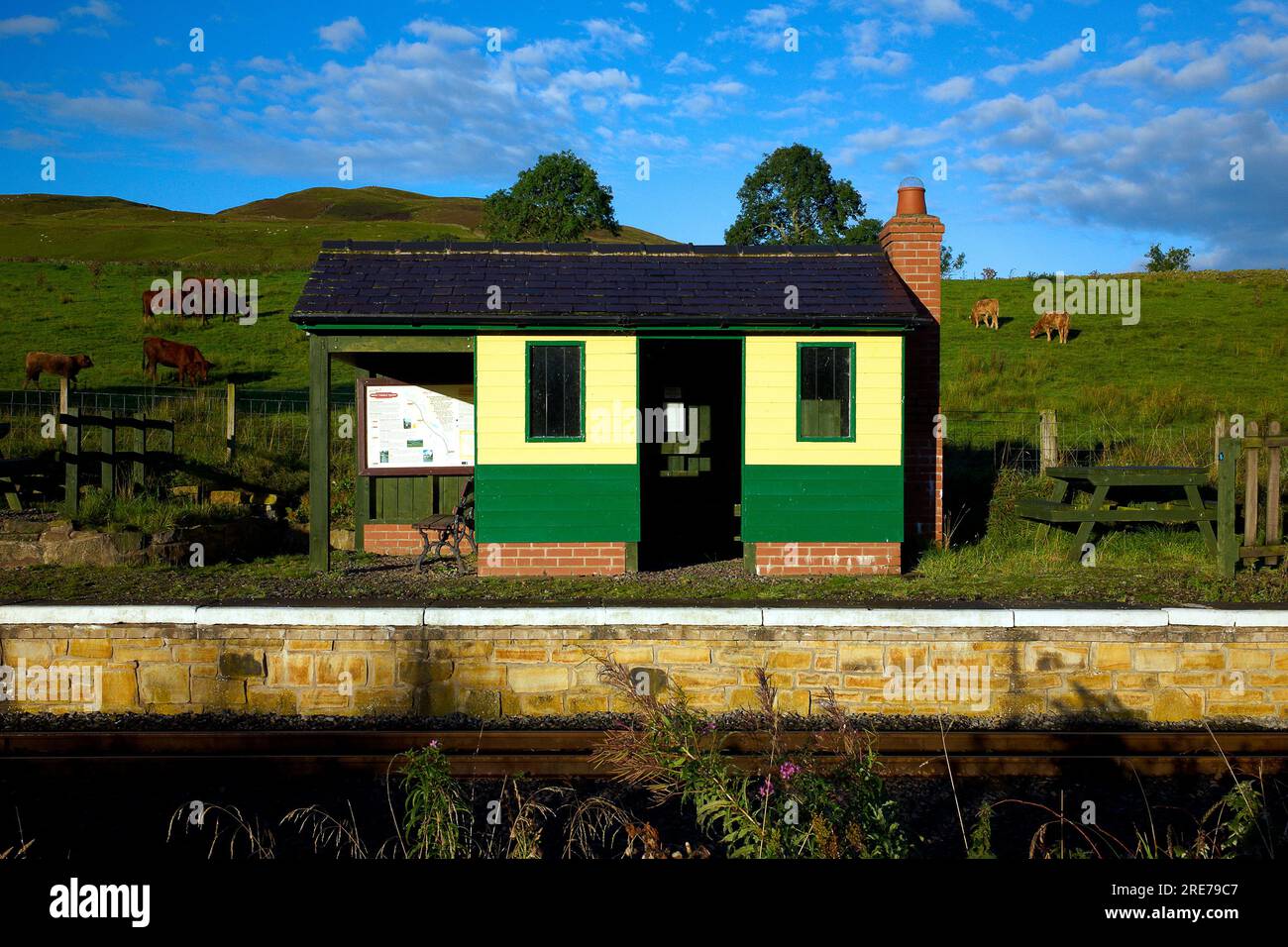 Colour photograph of a wooden railway station, Kirkhaugh, Northumberland, England, United Kingdom, 2022. Stock Photo