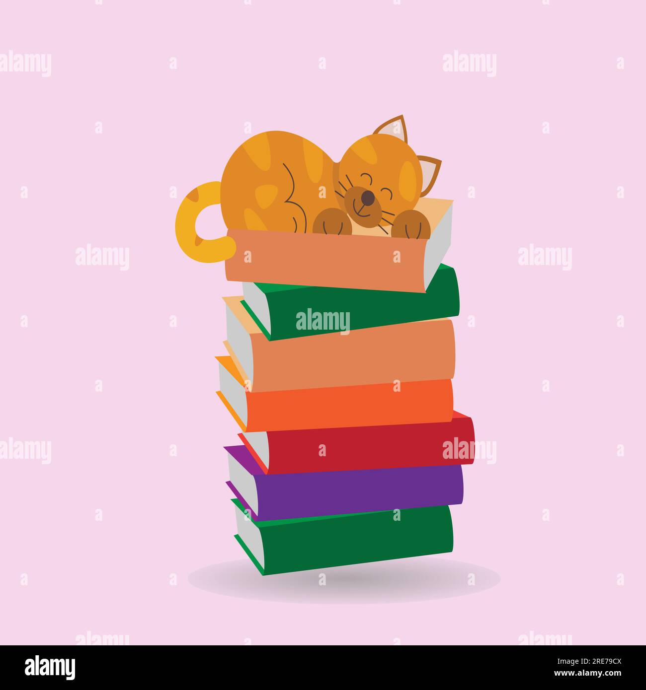 Cat sleeping on a stack of colorful books Stock Vector