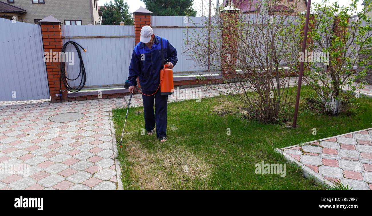 A man works in the garden, spraying weeds from a sprayer Stock Photo ...