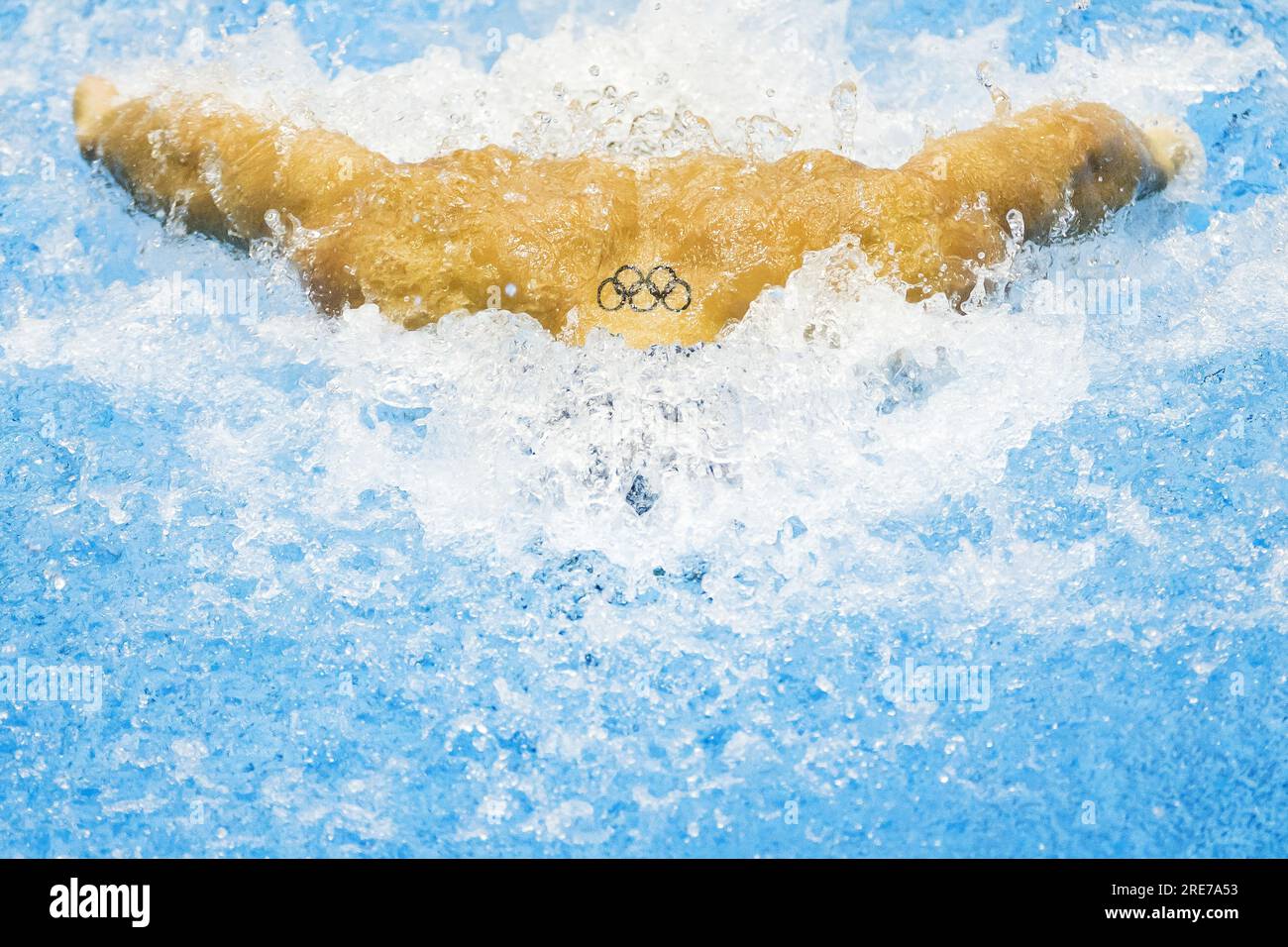 FUKUOKA - Nyls Korstanje in action on the 4x100 meter relay (mixed) during the fourth day of the World Swimming Championships in Japan. ANP KOEN VAN WEEL Stock Photo