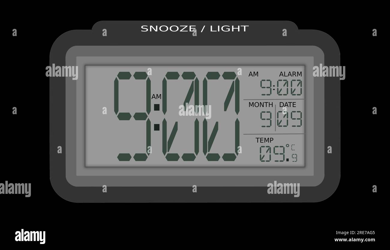 A Digital Clock Showing Time, Date, Temperature And Alarm Time Stock ...