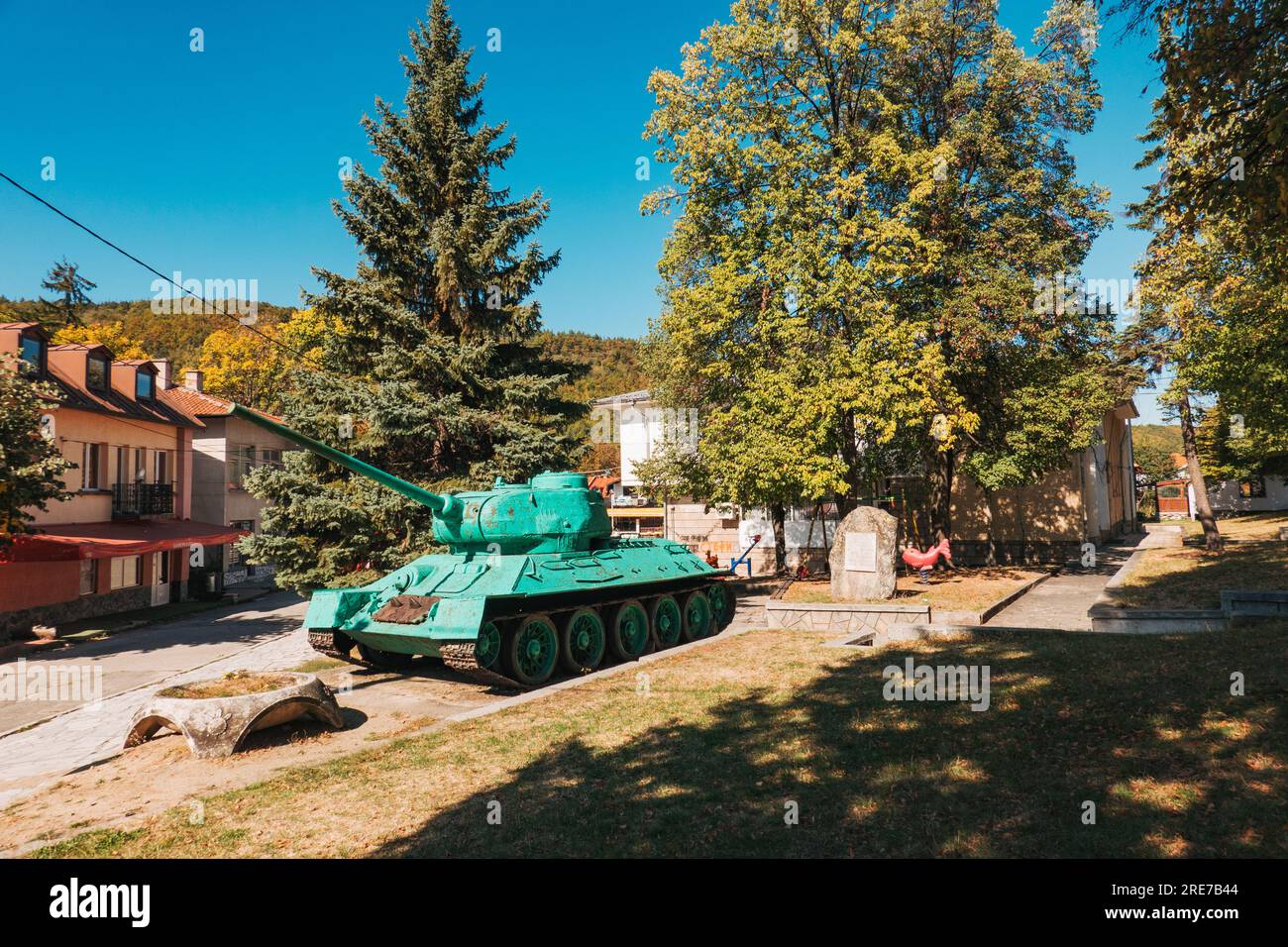 an old soviet T-34 tank on display in a park in the village of Raduil, in rural Bulgaria Stock Photo