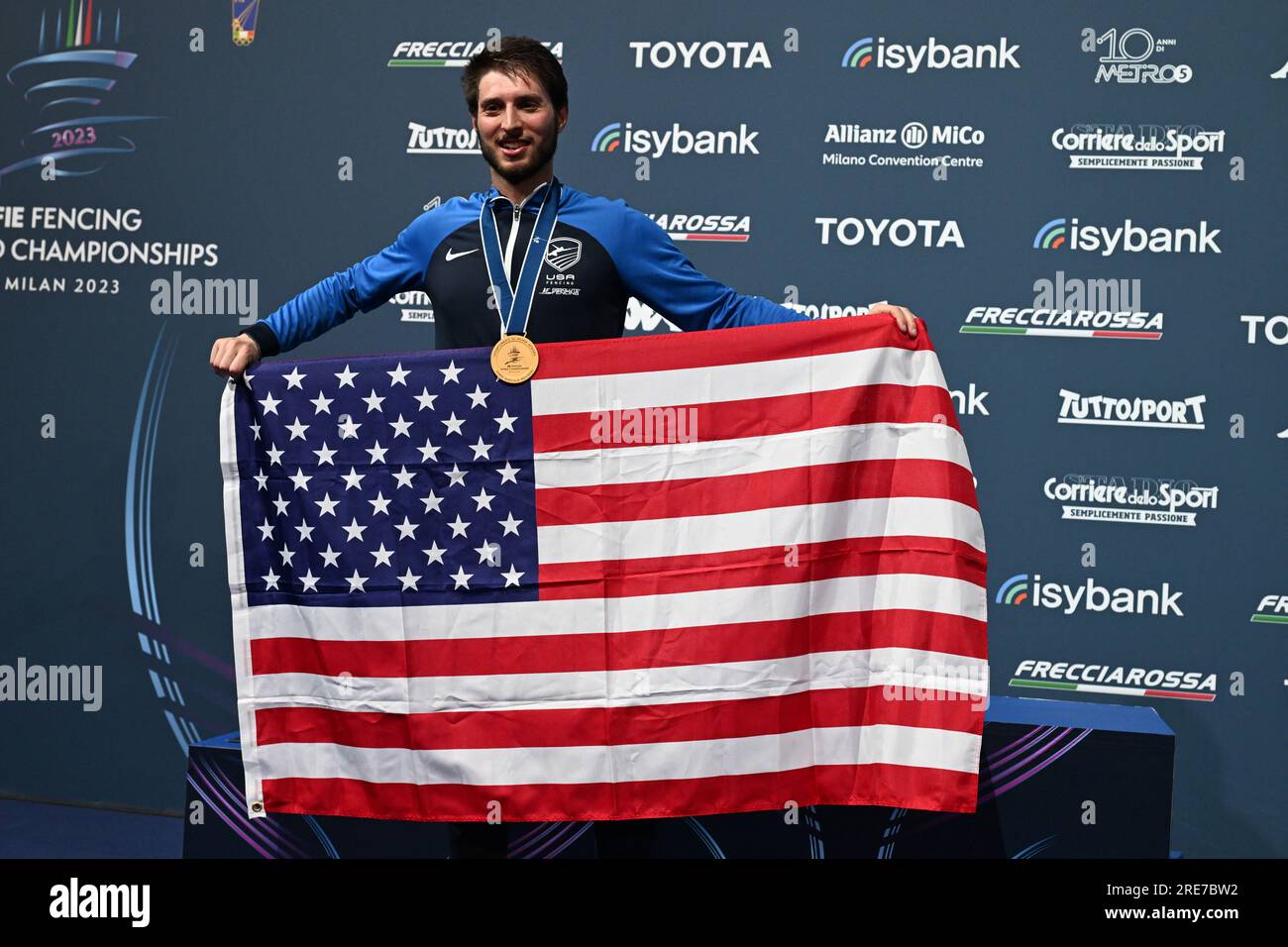 Champion Eli Dershwitz of United States celebrates during the 2023 FIE