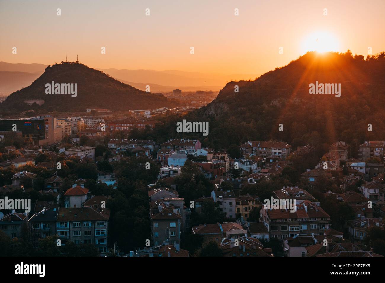 looking west at sunset from atop Danov Hill in Plovdiv, Bulgaria Stock Photo