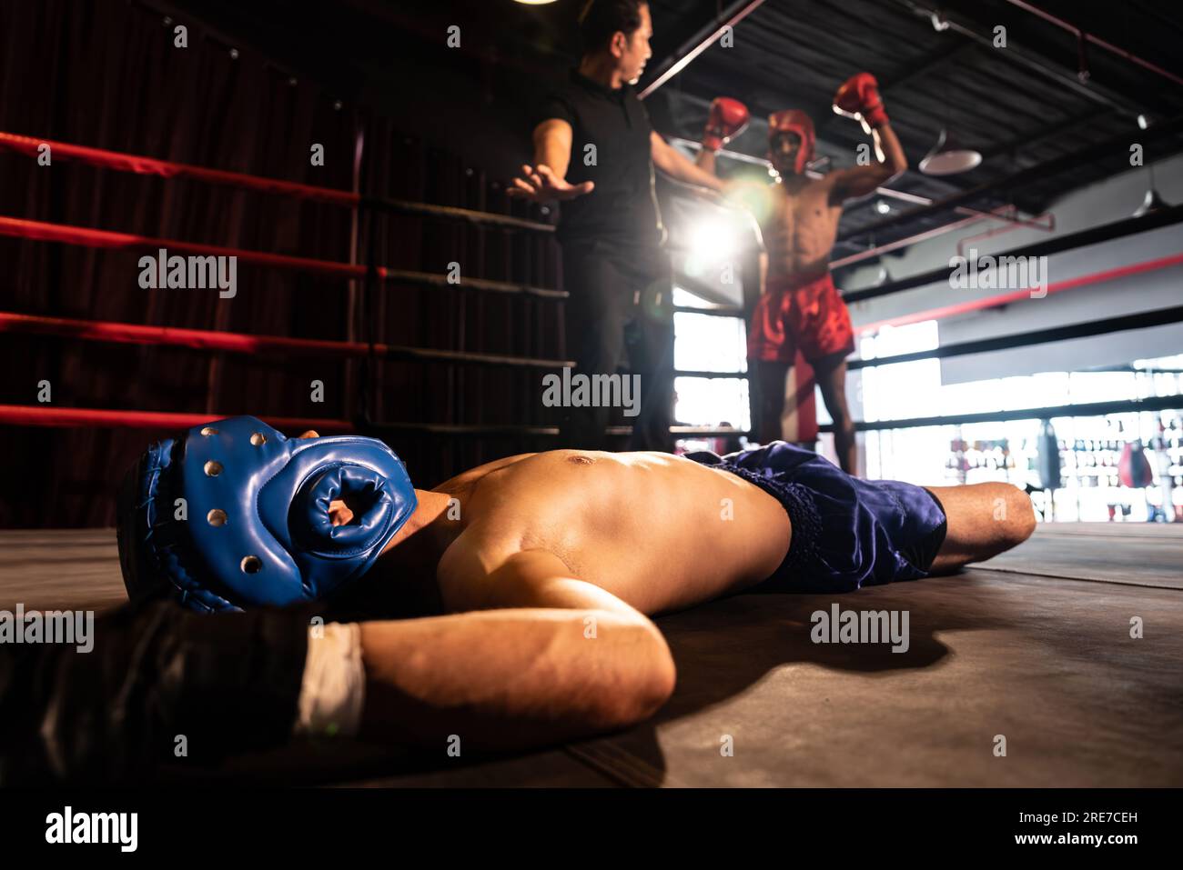 Boxing referee intervene, halting the fight to check fallen competitor