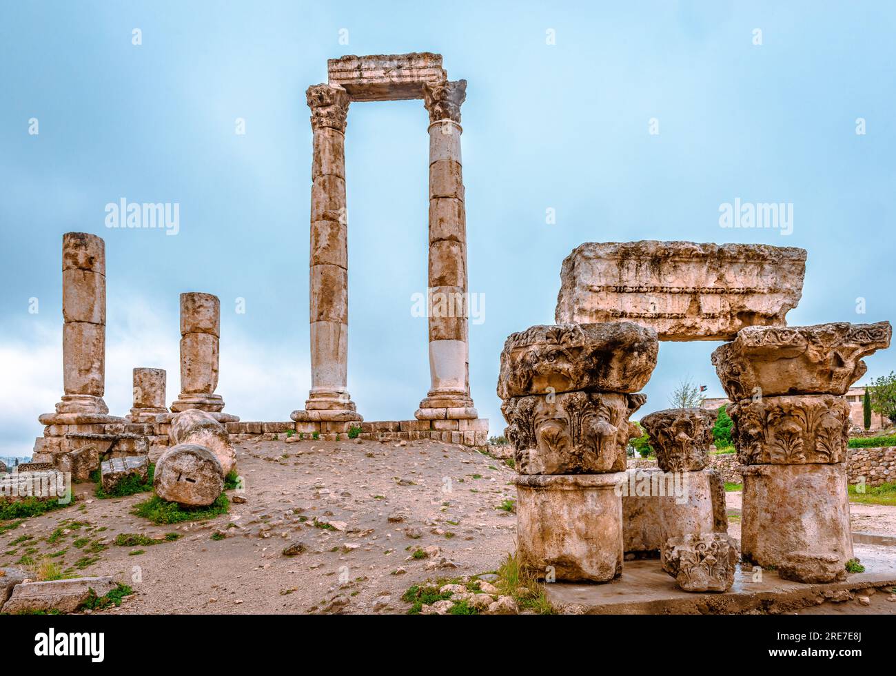 The ruins of the Temple of Hercules. This temple is the most significant Roman structure in the Amman Citadel. Stock Photo