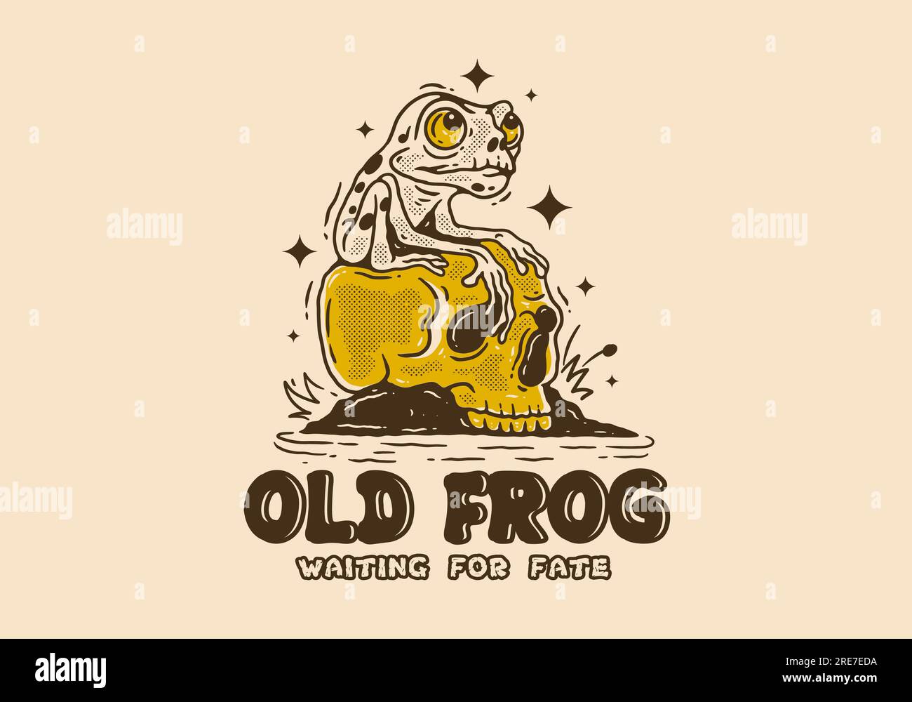 illustration drawing of frog character perched on the skull, in vintage ...