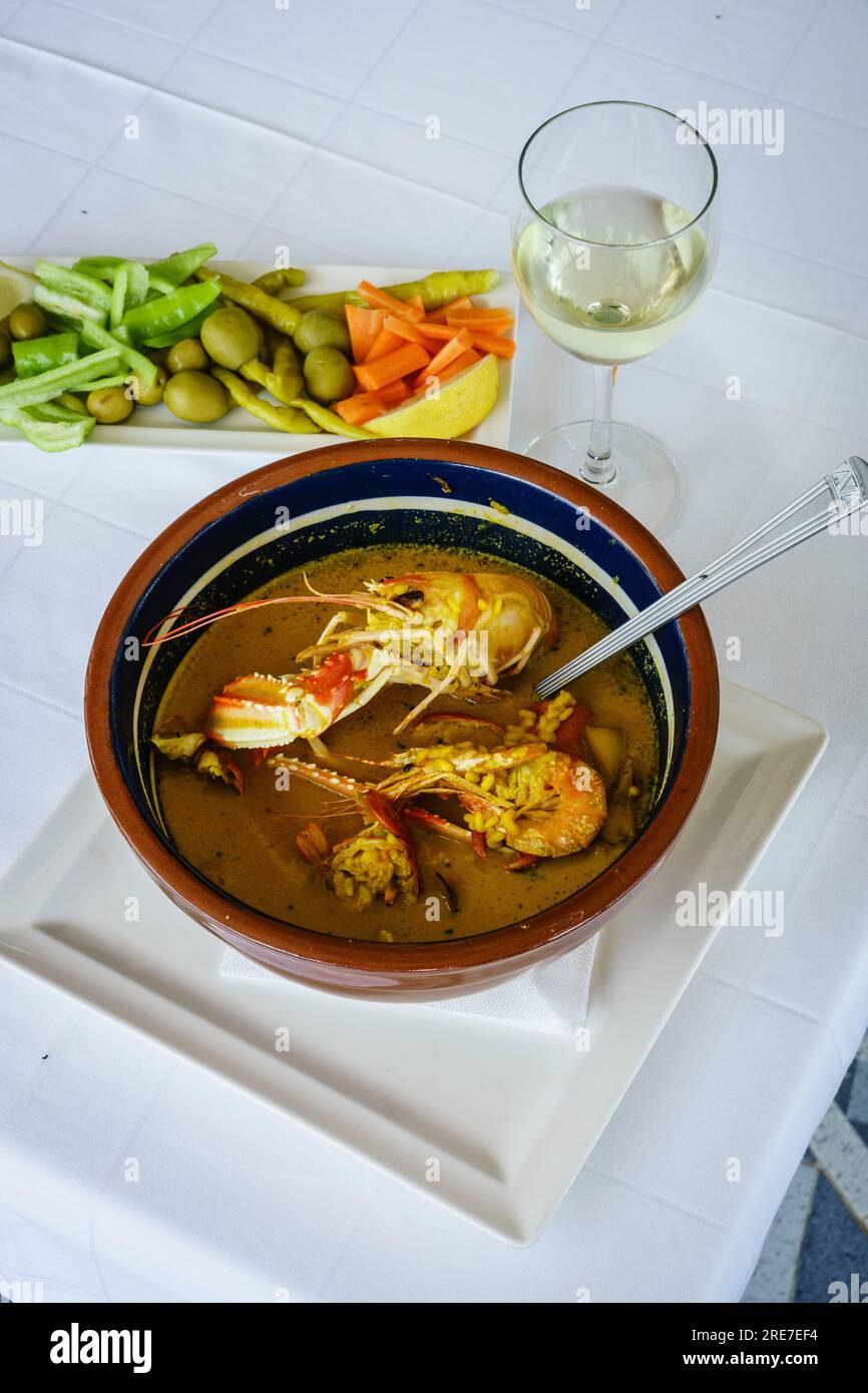 Arroç de Peix - fish and seafood rice, Can Pep, Sa Rapita, Mallorca, Balearic Islands, Spain. Stock Photo