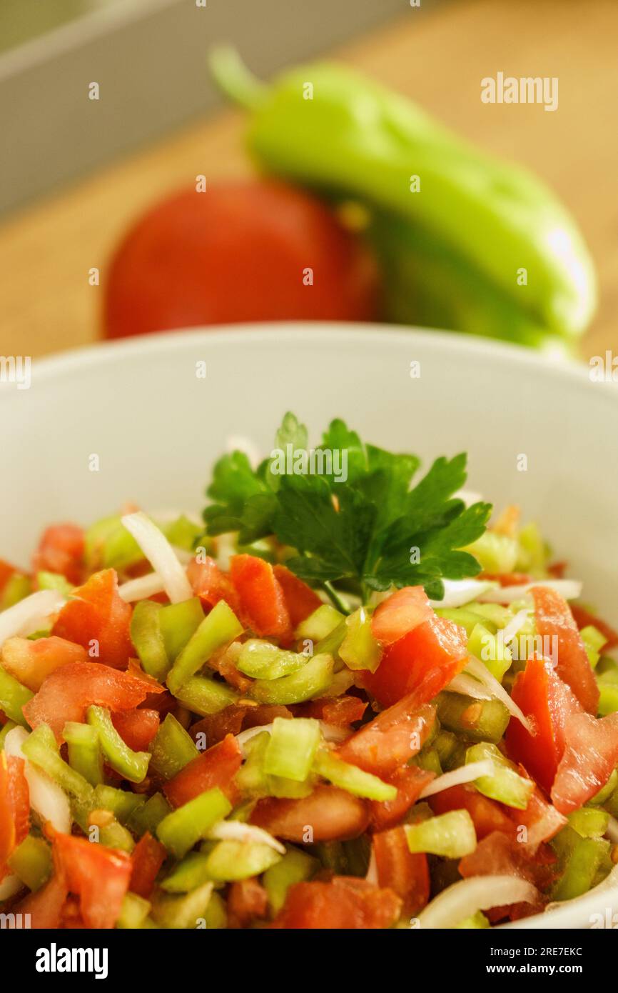 Trempo,ensalada tipica de baleares con pimiento,tomate y cebolla, llucmajor, Mallorca,Islas Baleares,Spain. Stock Photo