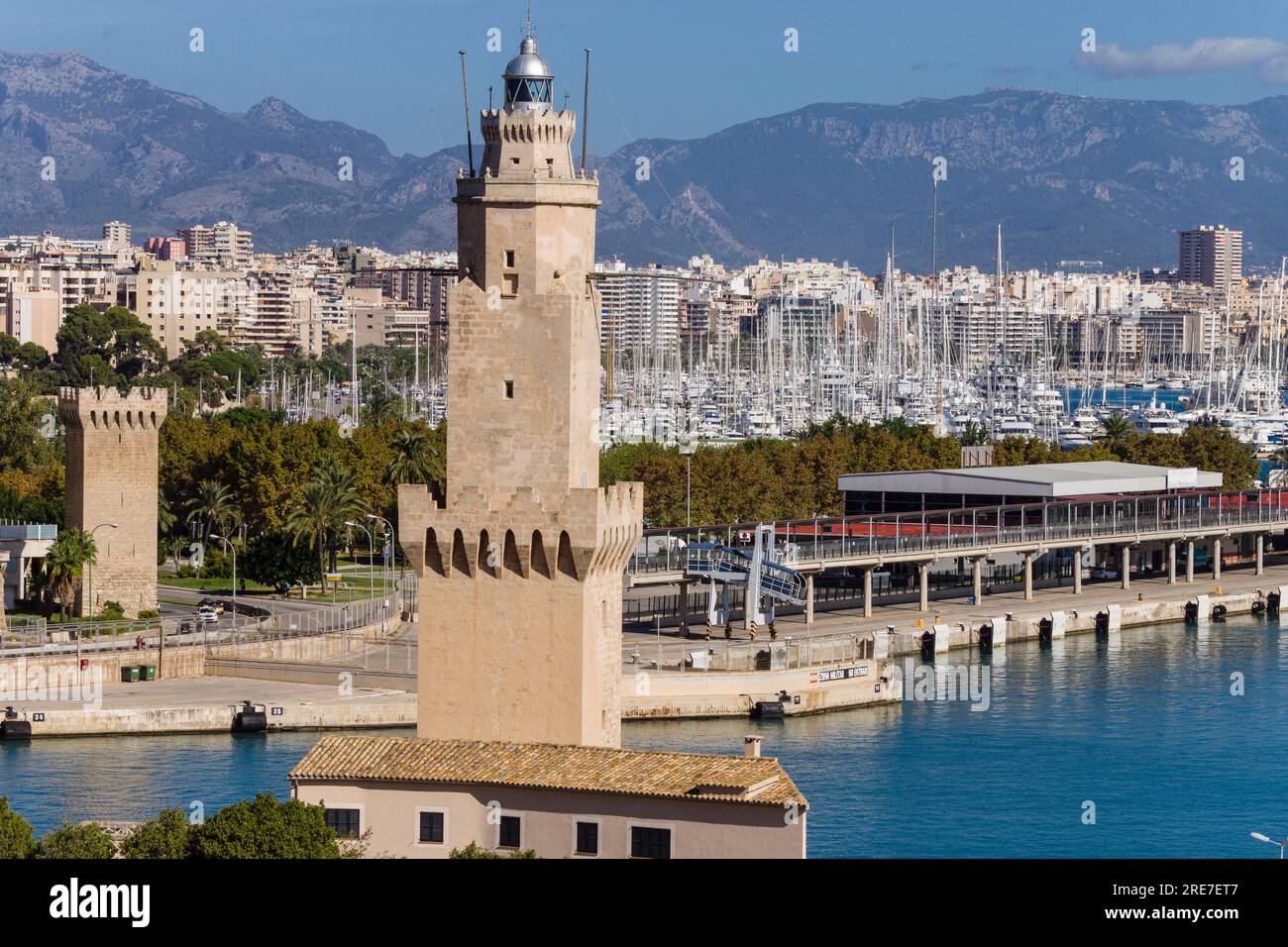 Paraires tower and Signal Tower of Porto Pi lighthouse, XV century, declared a Historic-Artistic Monument on August 14, 1983. Palma, Mallorca, Baleari Stock Photo