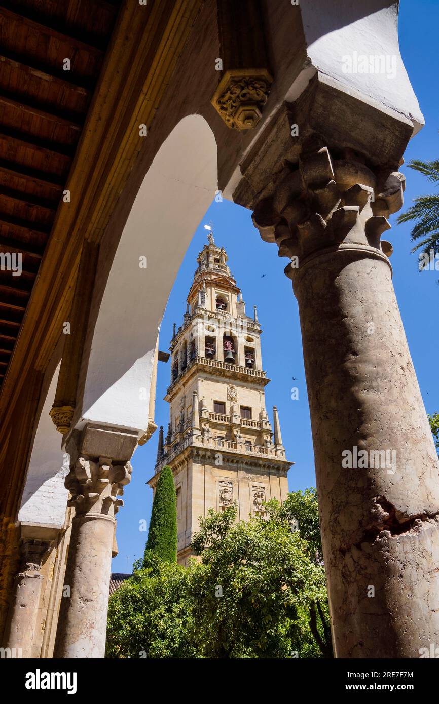 Bell tower on the minaret, patio of the orange trees, Mosque-cathedral of Córdoba, Andalucia, Spain Stock Photo