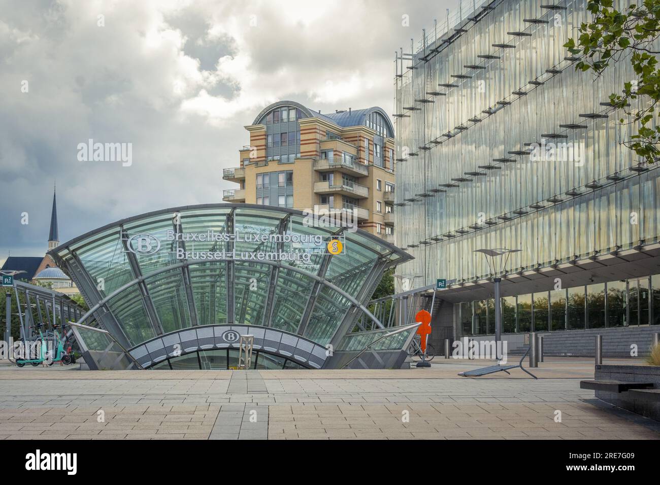 Brussels, Belgium, July 2023: View on Brussels Luxembourg train station entrance Stock Photo