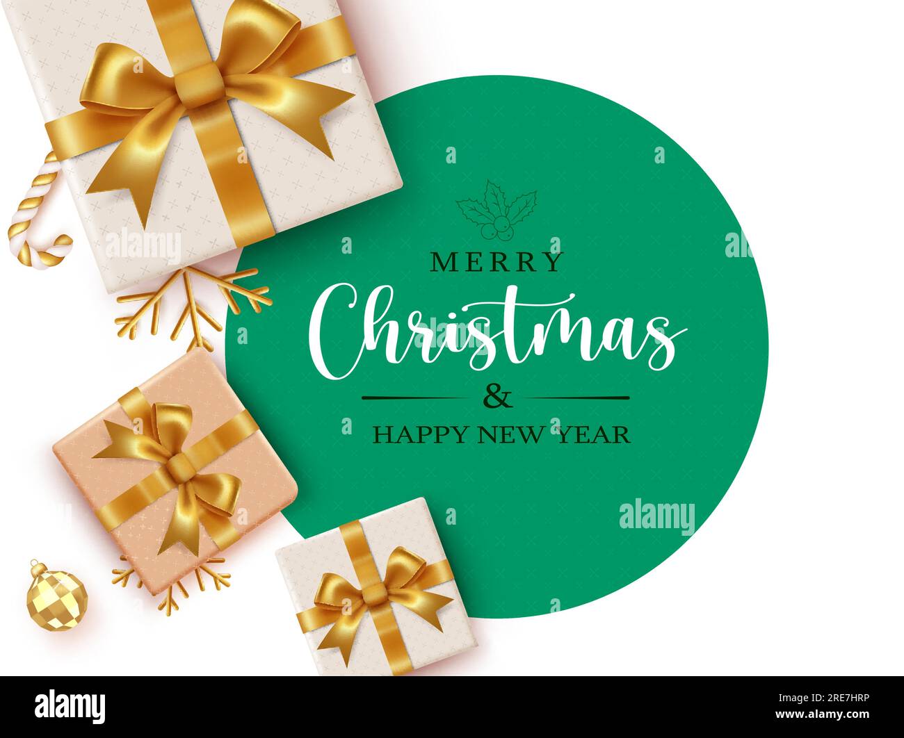 Merry christmas text vector template. Christmas greeting in green circle space for typography with gifts boxes surprise elements in elegant gold color Stock Vector