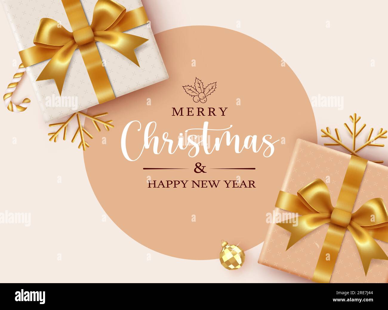 Merry christmas text vector template design. Christmas gift boxes and snowflakes elements in gold elegant color ornaments for card decoration. Vector Stock Vector