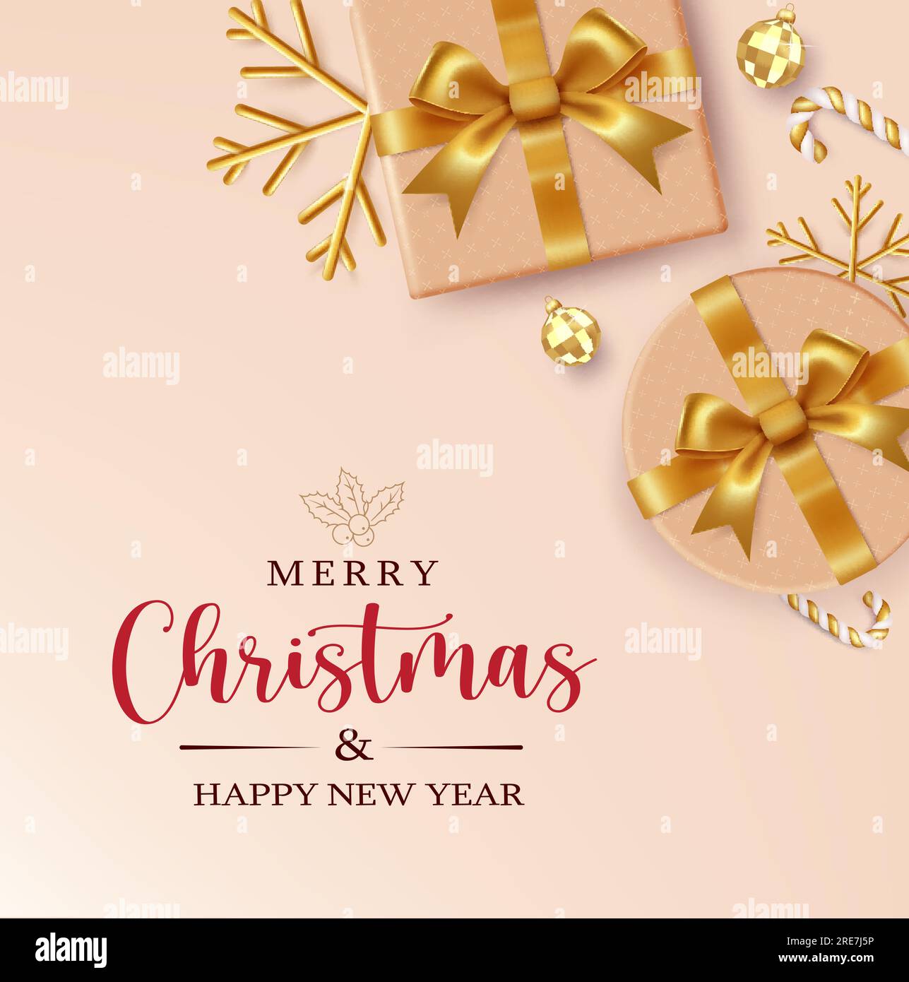 Merry christmas text vector design. Christmas and new year greeting with elegant gift surprise decoration elements. Vector illustration holiday season Stock Vector