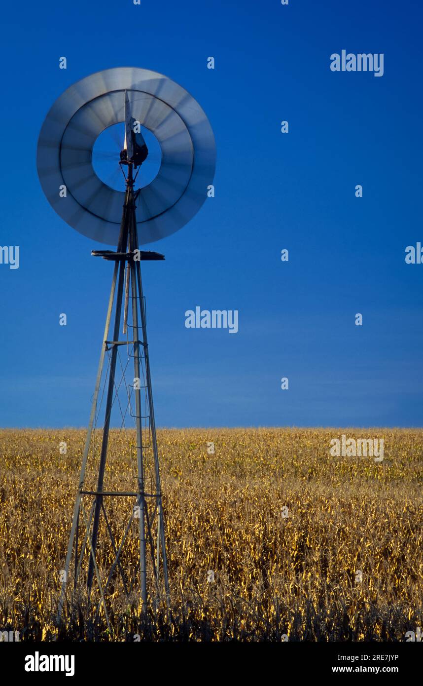 An old windmill in cornfield turning in the wind. Near Lincoln