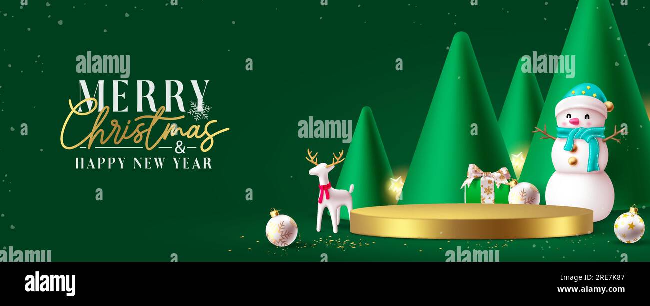 Merry christmas text vector design. Christmas podium for product presentation and display with pine tree ornaments. Vector illustration holiday season Stock Vector