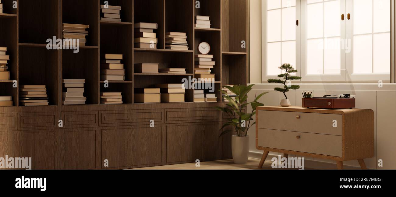 Cozy and contemporary home living room with a record player on a drawer ...
