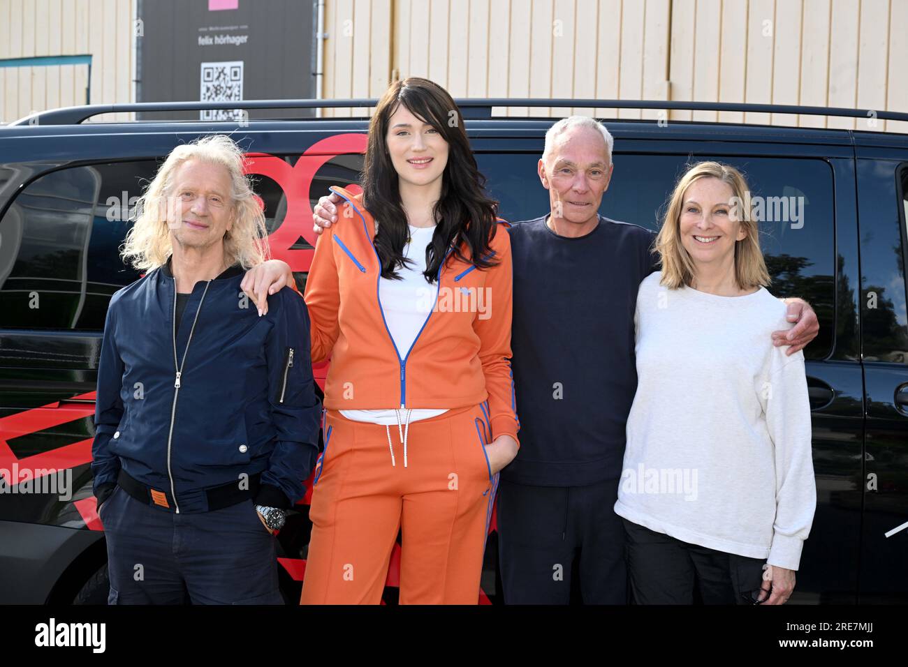 Munich Germany. 25th July 2023. Actor Heinz Wanitschek l actress Gloria Sophie Burkandt actor Johannes Rapp director and screenwriter Andrea Sixt stand in front of the original spaceship set from the...