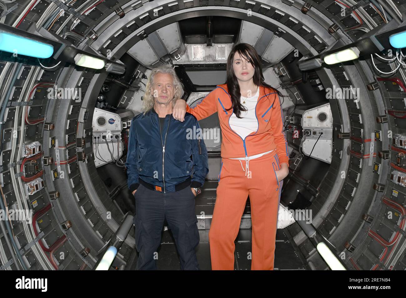 Munich Germany. 25th July 2023. Actor Heinz Wanitschek l and actress Gloria Sophie Burkandt daughter of Bavarian Prime Minister Markus Soder are shooting the short film Abgehoben in the original space...