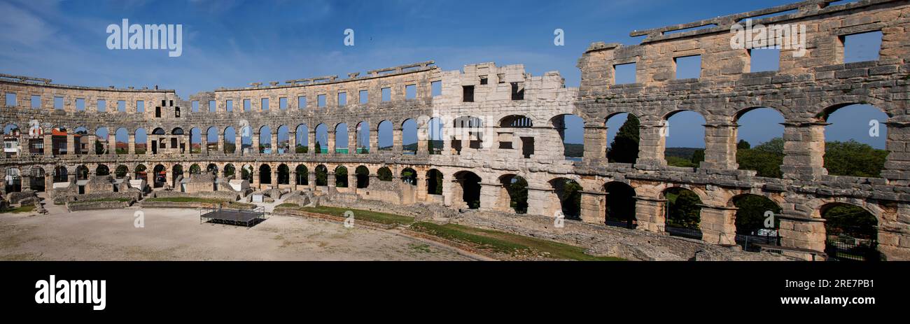 Pula Roman amphitheatre or Arena (Pulska Arena; Italian: Arena di Pola, constructed 27 BC - AD 68, only remaining Roman amphitheatre to have 4 sides Stock Photo