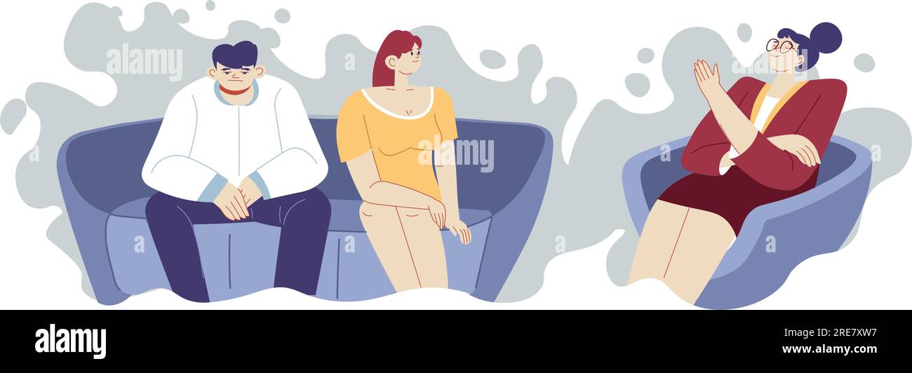 Man and woman having private session with psychologist. Counselor helping to couple with relationship problems. Support from psychiatrist lady explain Stock Vector