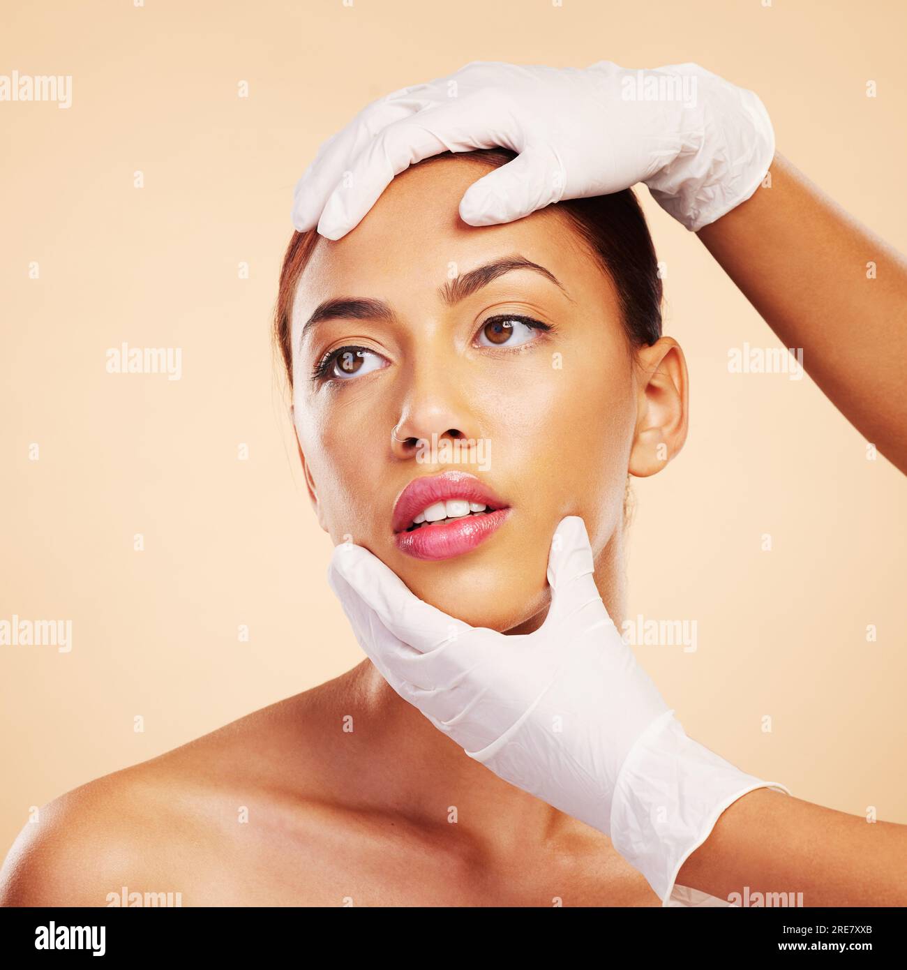 Hands, plastic surgery or facelift for woman in studio ready for laser