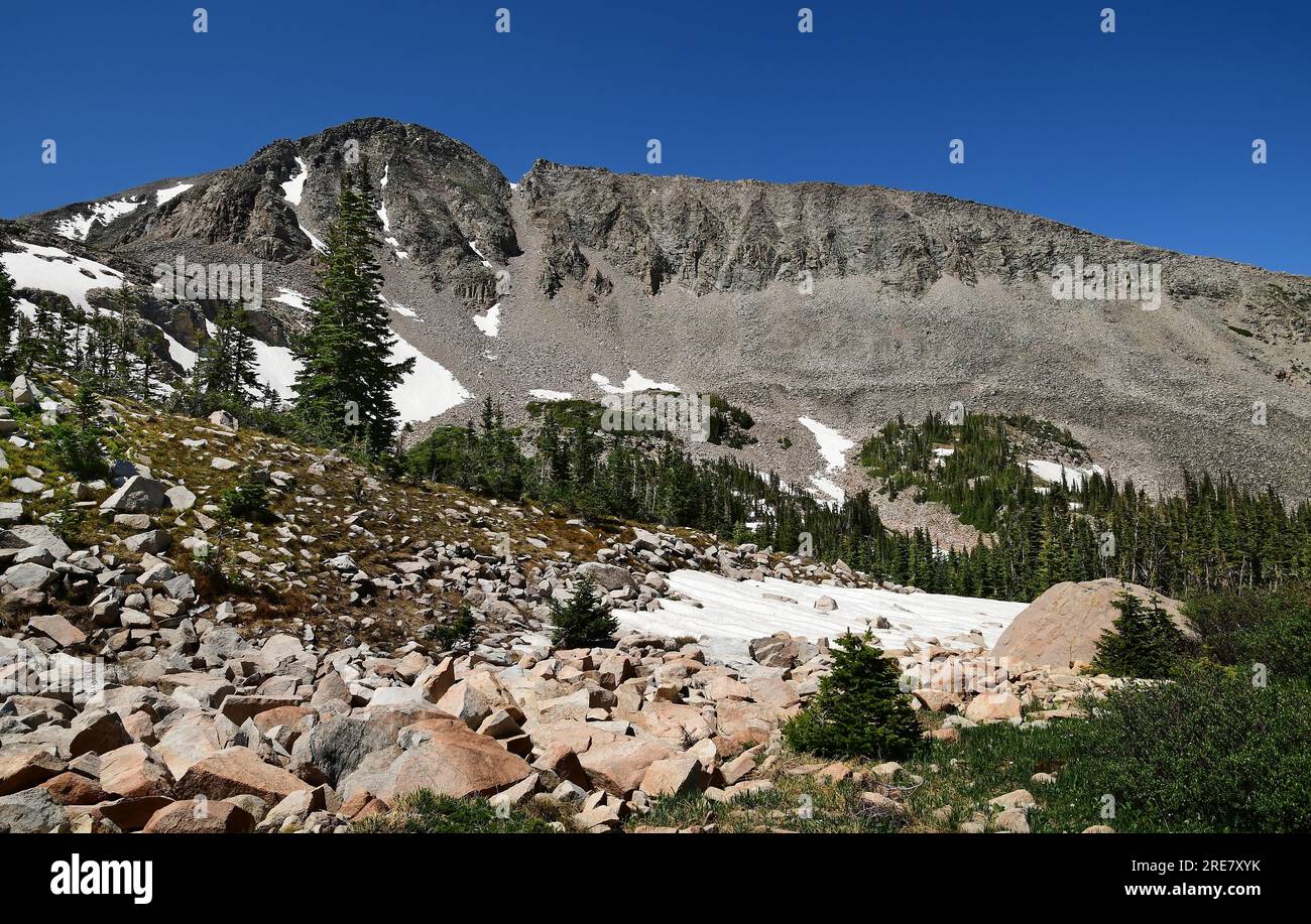 mount audobon, boulders,  forest and  snow fields  on   sunny summer day along the trail up to blue lake  in indian peaks wilderness area, colorado Stock Photo