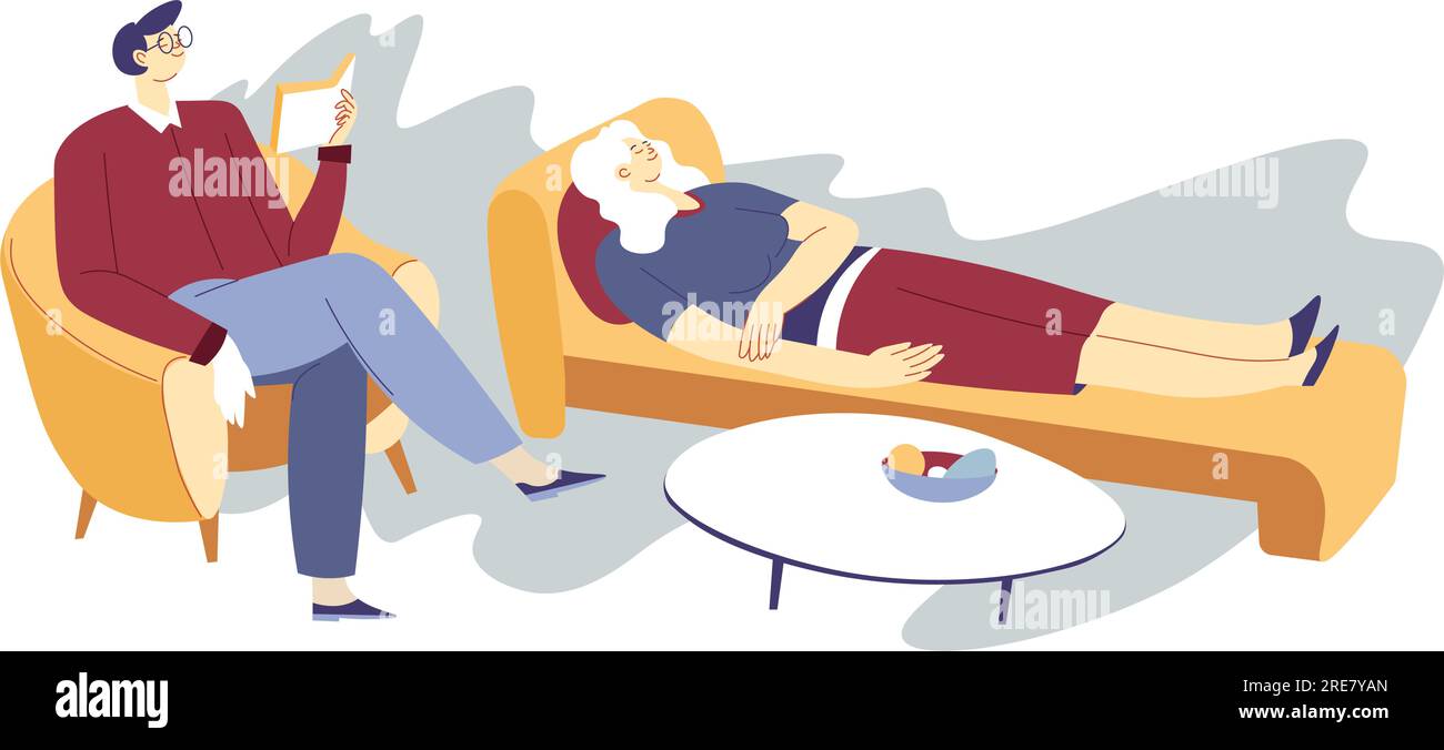 Character laying on bed talking and discussing problems with therapist. Session or therapy with psychologist. Professional help of specialist. Assista Stock Vector