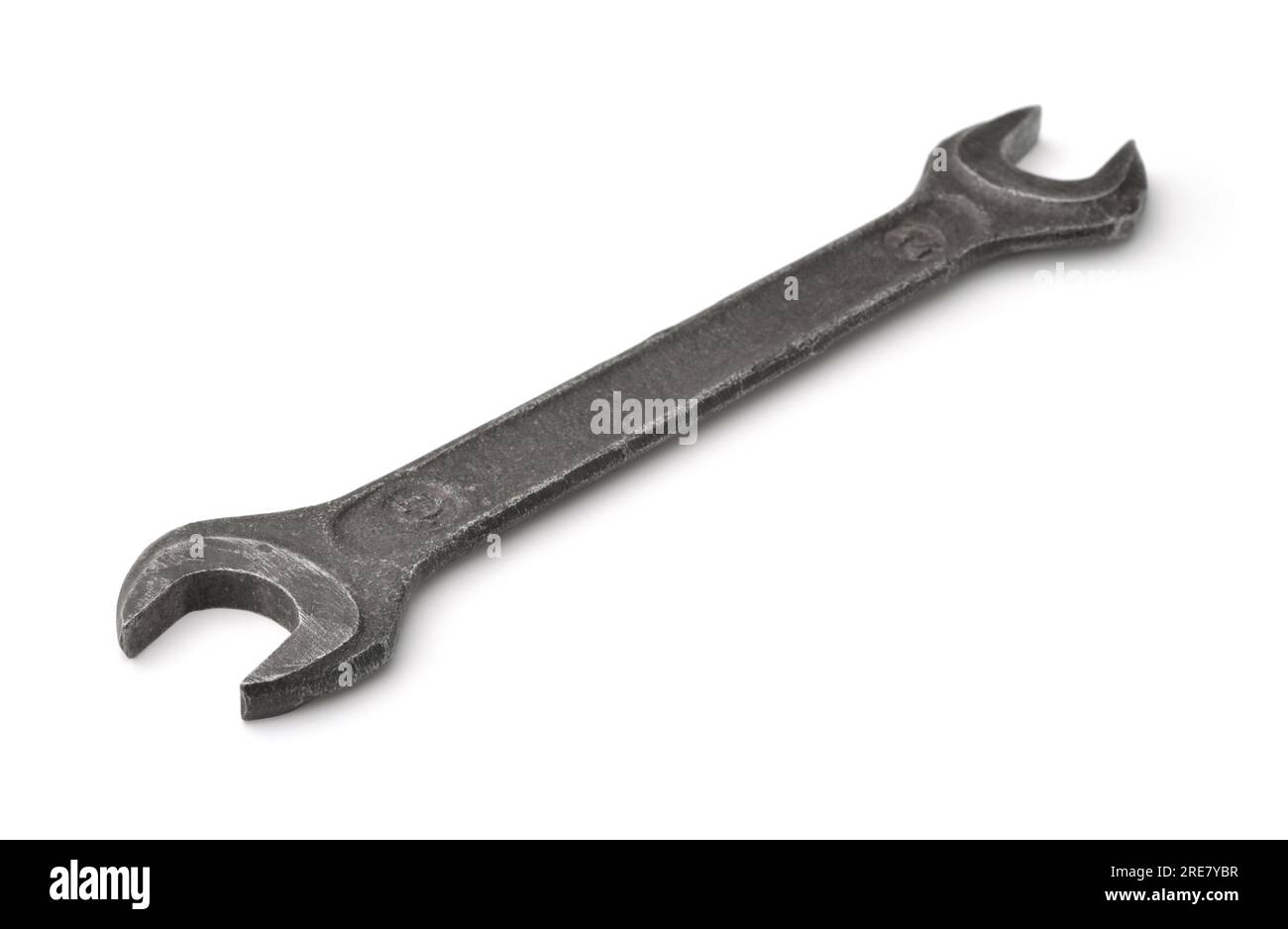 Old black double open end wrench isolated on white Stock Photo