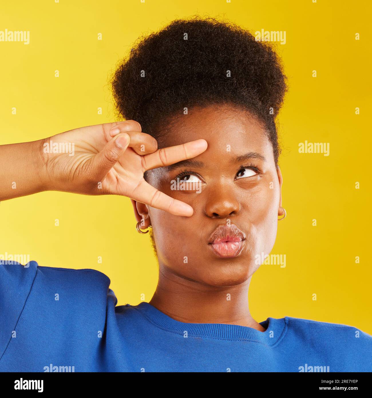 Peace, hand sign and a black woman in studio with pouting lips ...