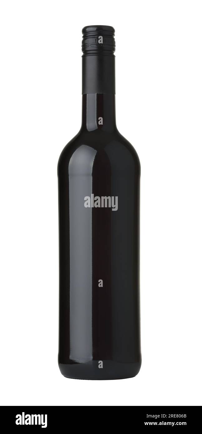 Front view of unlabeled  red wine bottle with black screw cap isolated on white Stock Photo