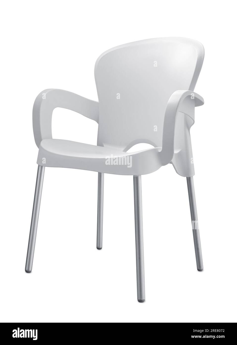 White plastic armchair with aluminium legs isolated on white Stock Photo