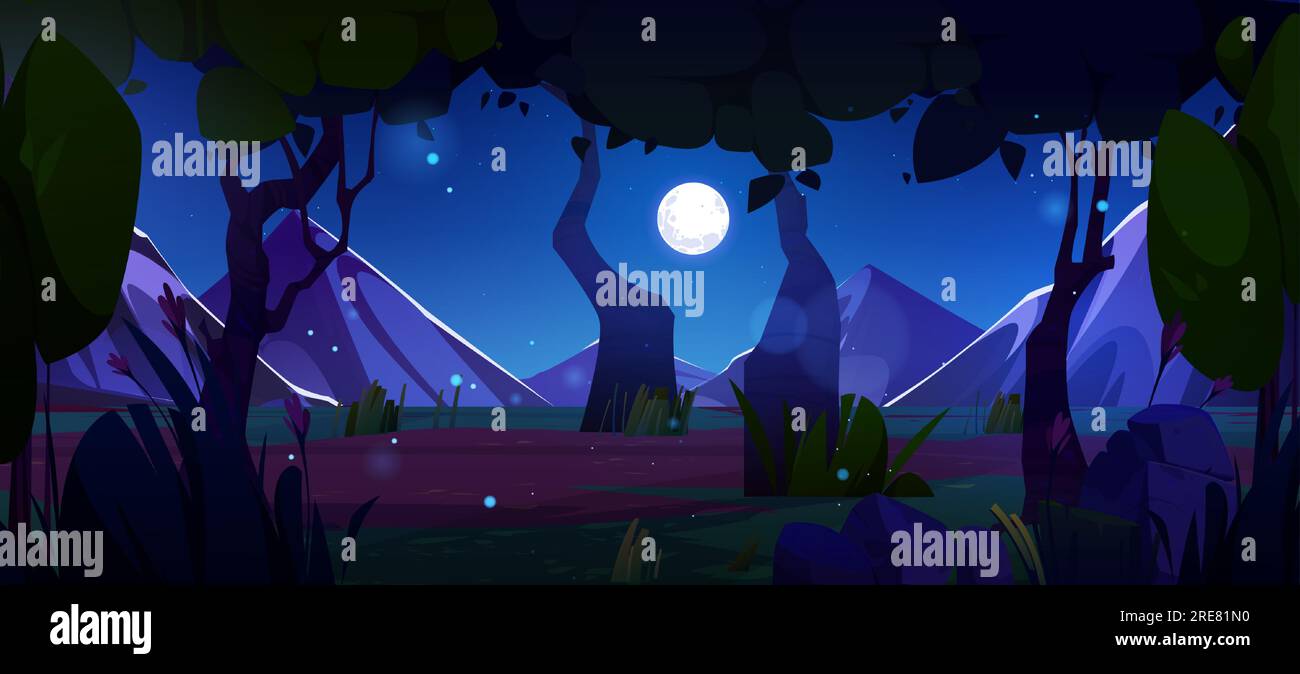 Night forest landscape with swamp. Vector cartoon illustration of spooky natural background, mountain valley with wetland between old trees and bushes, stones on ground, full moon glowing in dark sky Stock Vector