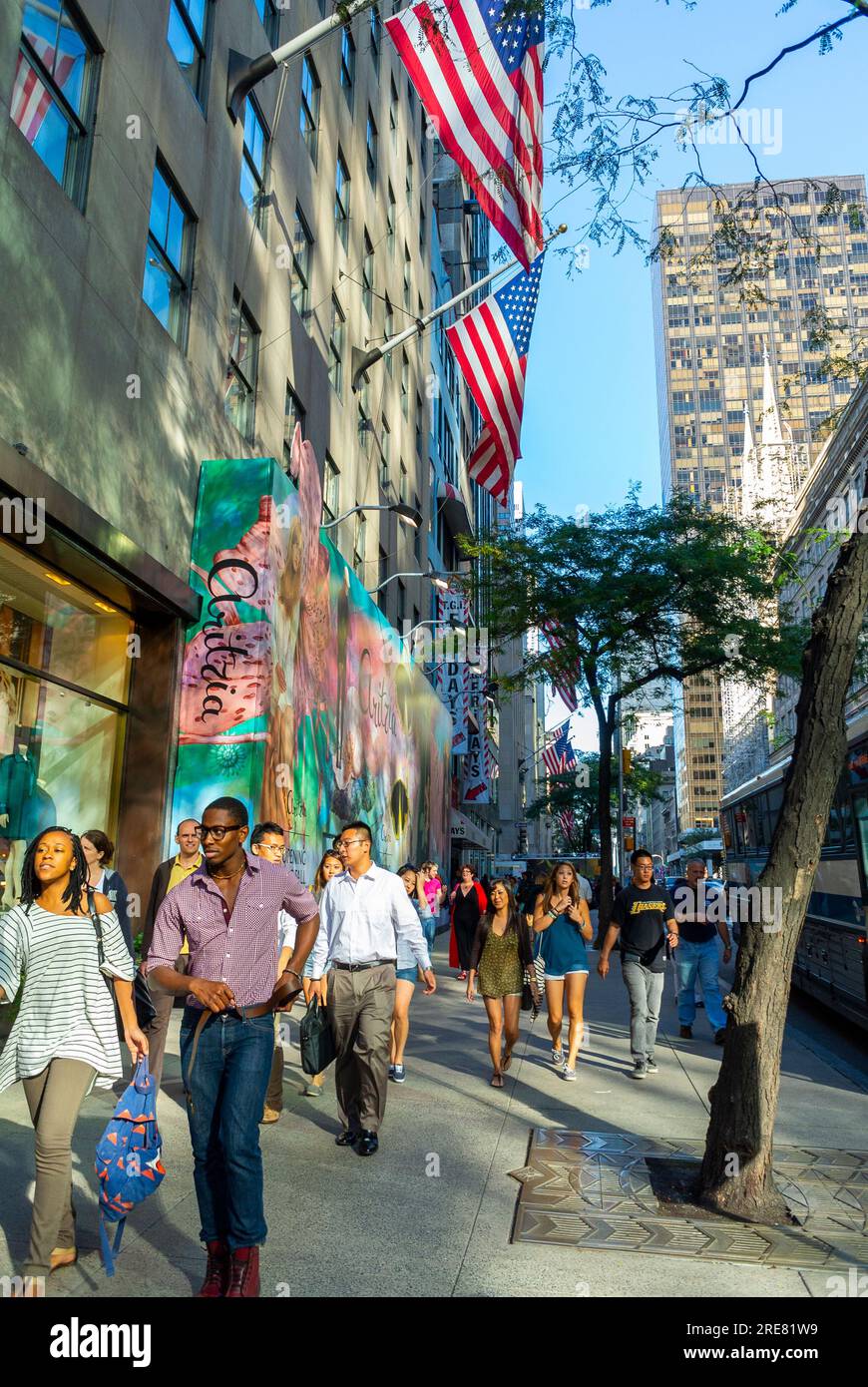 New York City, NY, USA, Street Scenes, Fifth Avenue, Diverse, Multi-Cultural Large Crowd People, Walking on Street, American Flags on Display, crowded sidewalk new yorkers buildings Stock Photo