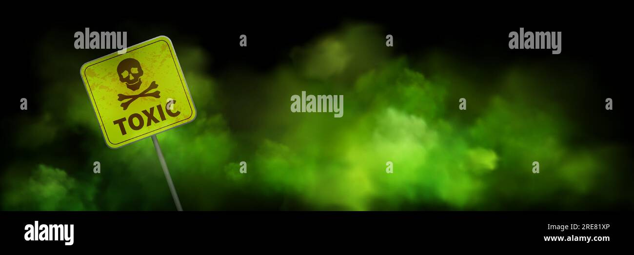 Green toxic smoke cloud with warning sign background. Bad gas smell and