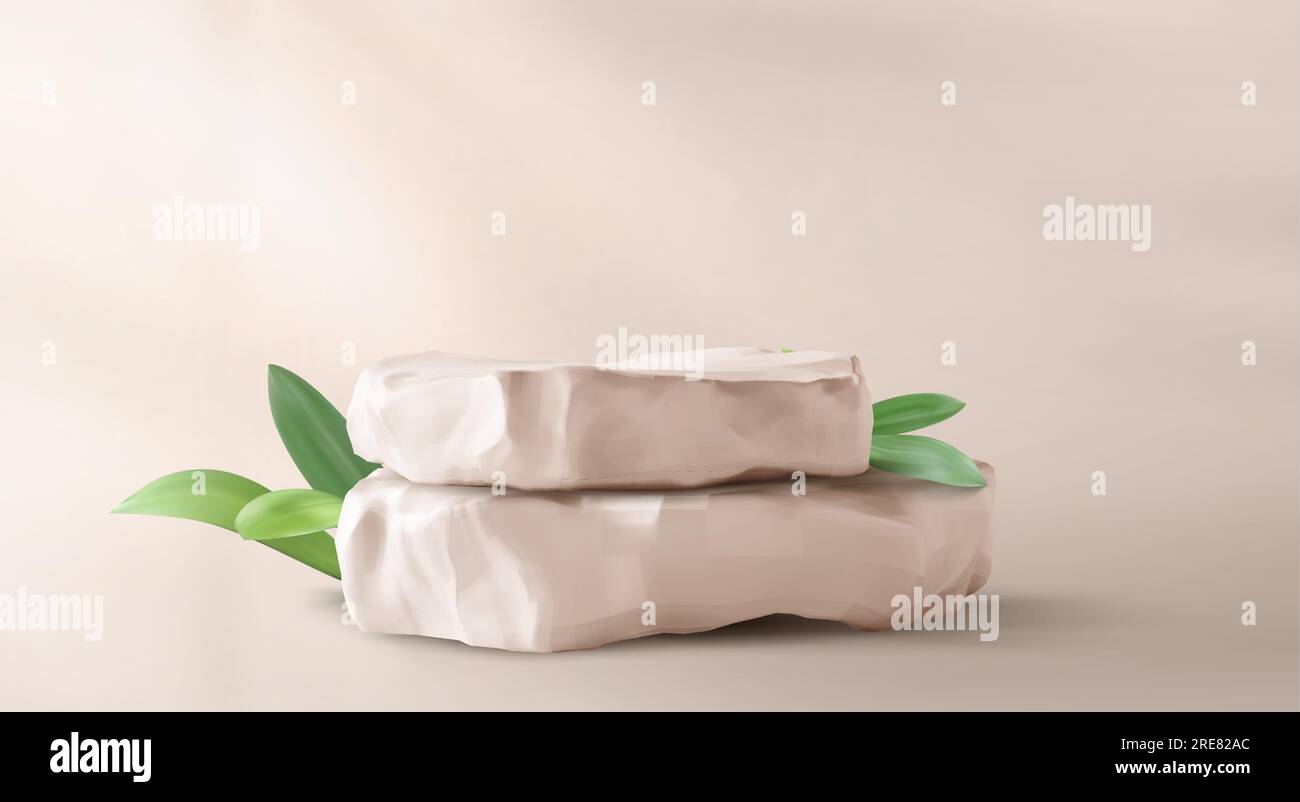 Realistic stack of rough stones decorated with green leaves against