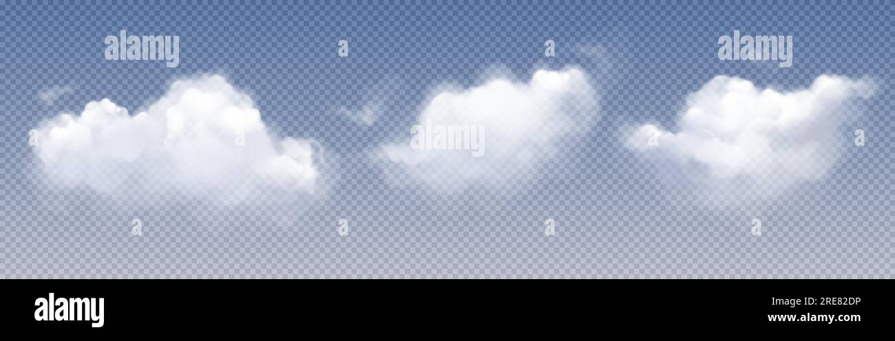 White clouds, fog or smoke in air or sky. Fluffy cumulus clouds isolated on transparent background, vector realistic illustration. Concept of weather, meteorology, climate Stock Vector