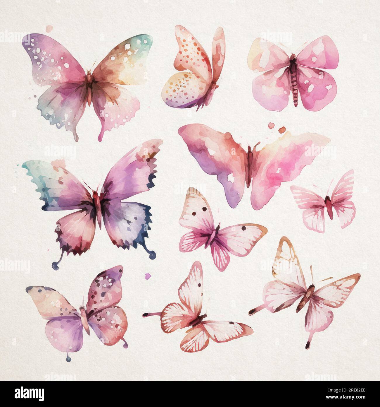 Collections of watercolor butterflies in shades of pink on a white ...