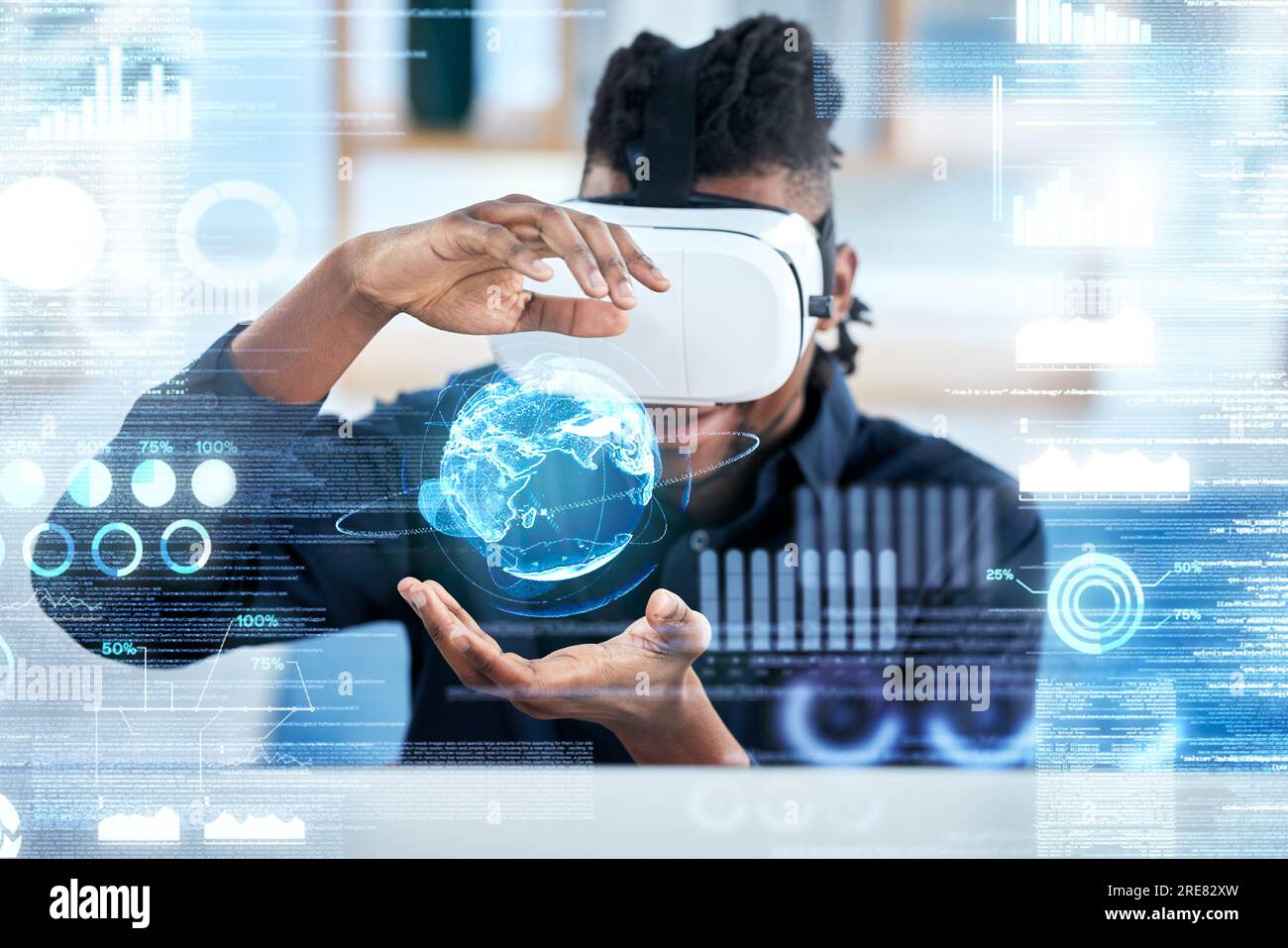 Virtual reality, hologram and global business man review statistics ...