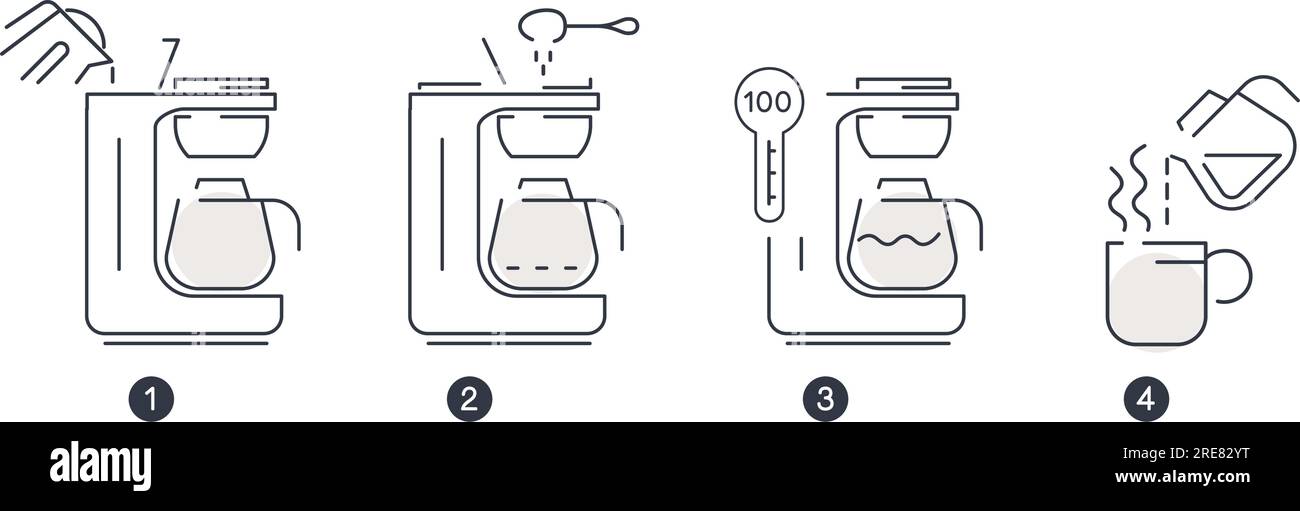 Instructions and steps on how to use coffee machine. Isolated brewing machine with bowl and liquid, kettle for boiling. Icons and process with recomme Stock Vector